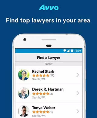 A mobile phone showing lawyer reviews on Avvo
