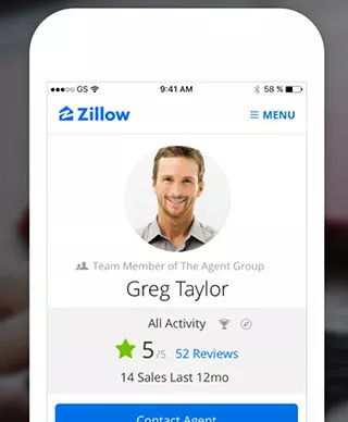 The zillow app showing a 5 star realtor review